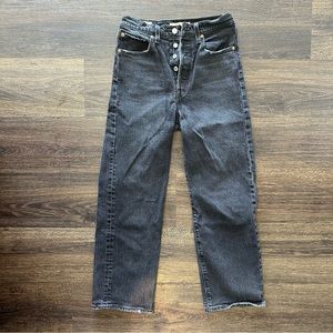 Levi, black denim, rib cage straight, size 27,
